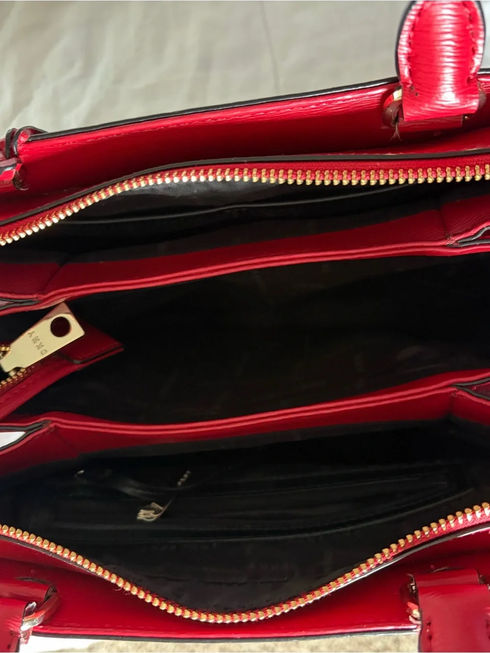 DKNY Cherry Red Saffiano Leather Satchel Bag with Gold Hardware